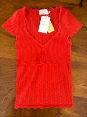 Wilfred Bright Red Ribbed V-Neck Tie-Waist Knit Tunic